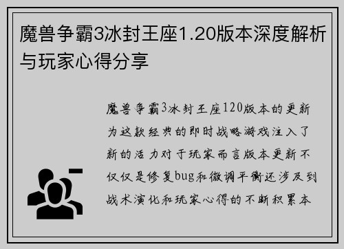 魔兽争霸3冰封王座1.20版本深度解析与玩家心得分享